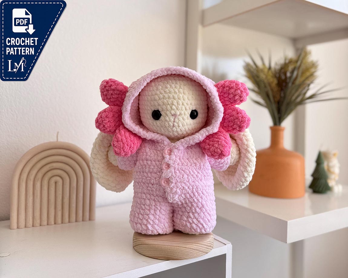 PDF pattern, mega bunny in pajamas (axolotl) pattern in Spanish and English.